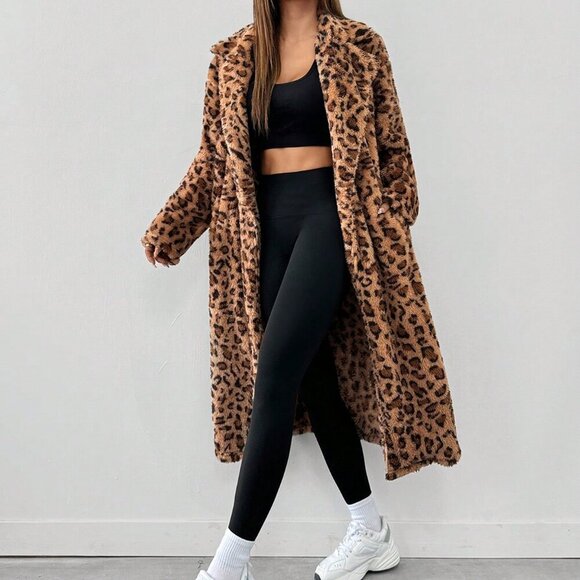 Leopard Print Casual Women's Lapel Off-Shoulder Leopard Print Fleece Coat